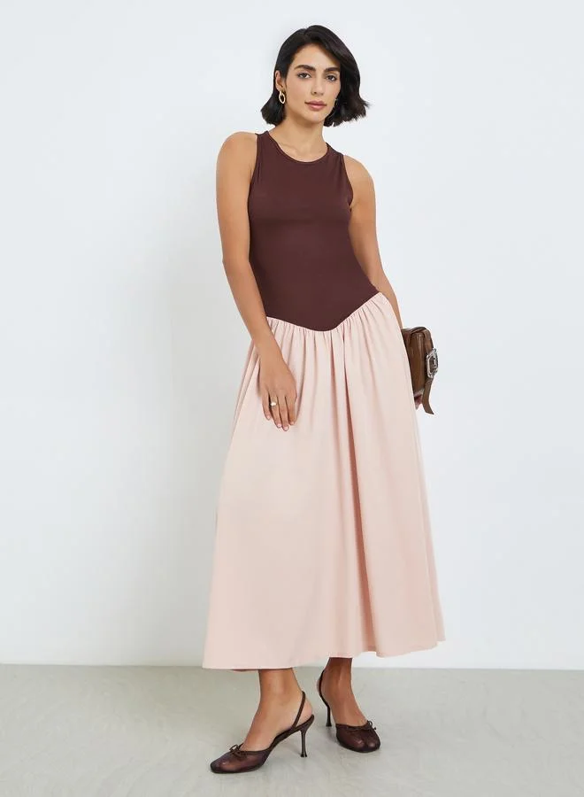 Styli  Women Brown Sleeveless A-Line Midi Dress for Women | Best Price UAE